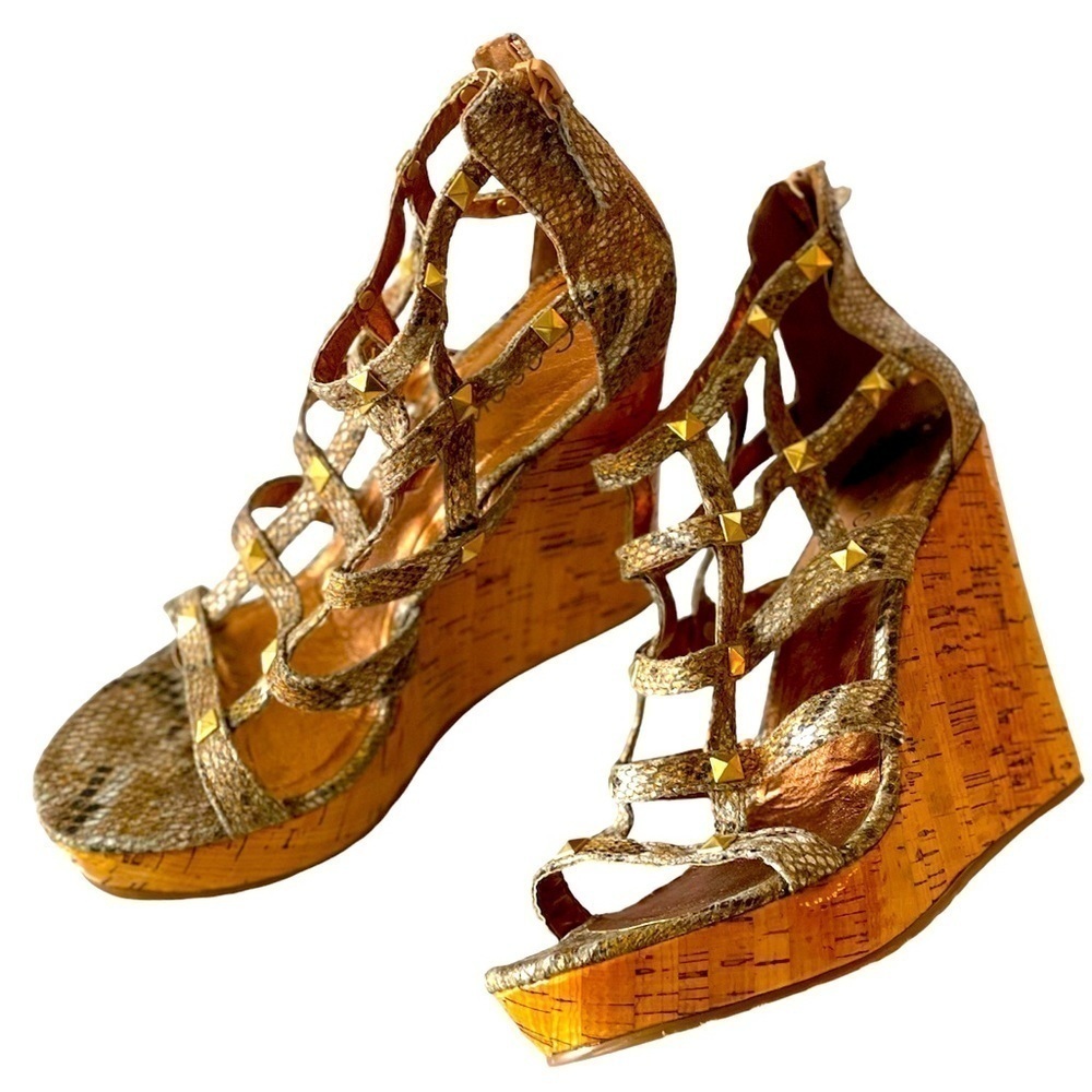Coconuts Womens Wedge Sandals Platform Heels Gold Studs Cork Snakeskin, Sz 8M